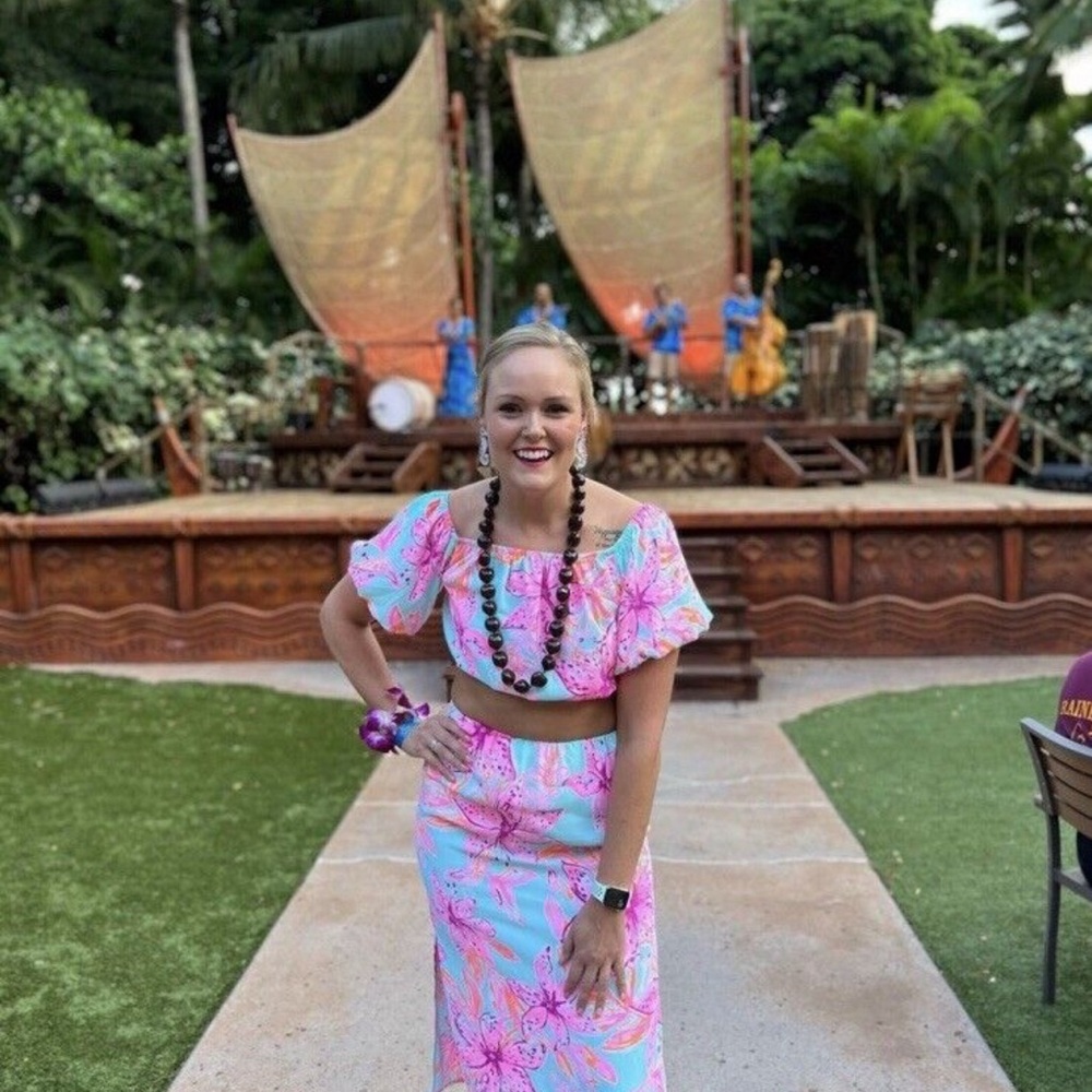 Lilly Pulitzer Esmeray Crop Top & Midi Skirt Set Surf Blue Bonita Blooms Resort - Picture 11 of 16